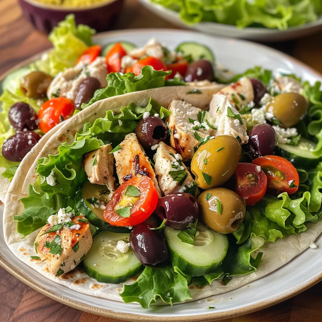 Side view of a filled flour tortilla wrap showcasing Greek chicken salad ingredients.