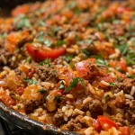 Close-up side view of a Greek-style beef and rice skillet filled with colorful ingredients.