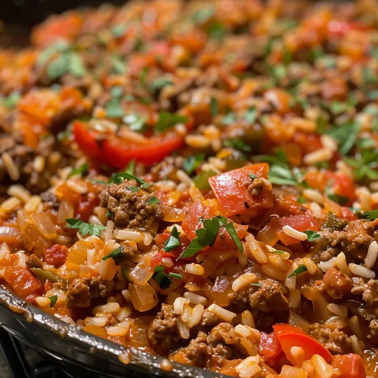 Savor the Simplicity Whip Up a Greek-Style Beef and Rice Skillet Tonight! Close-up side view of a Greek-style beef and rice skillet filled with colorful ingredients.