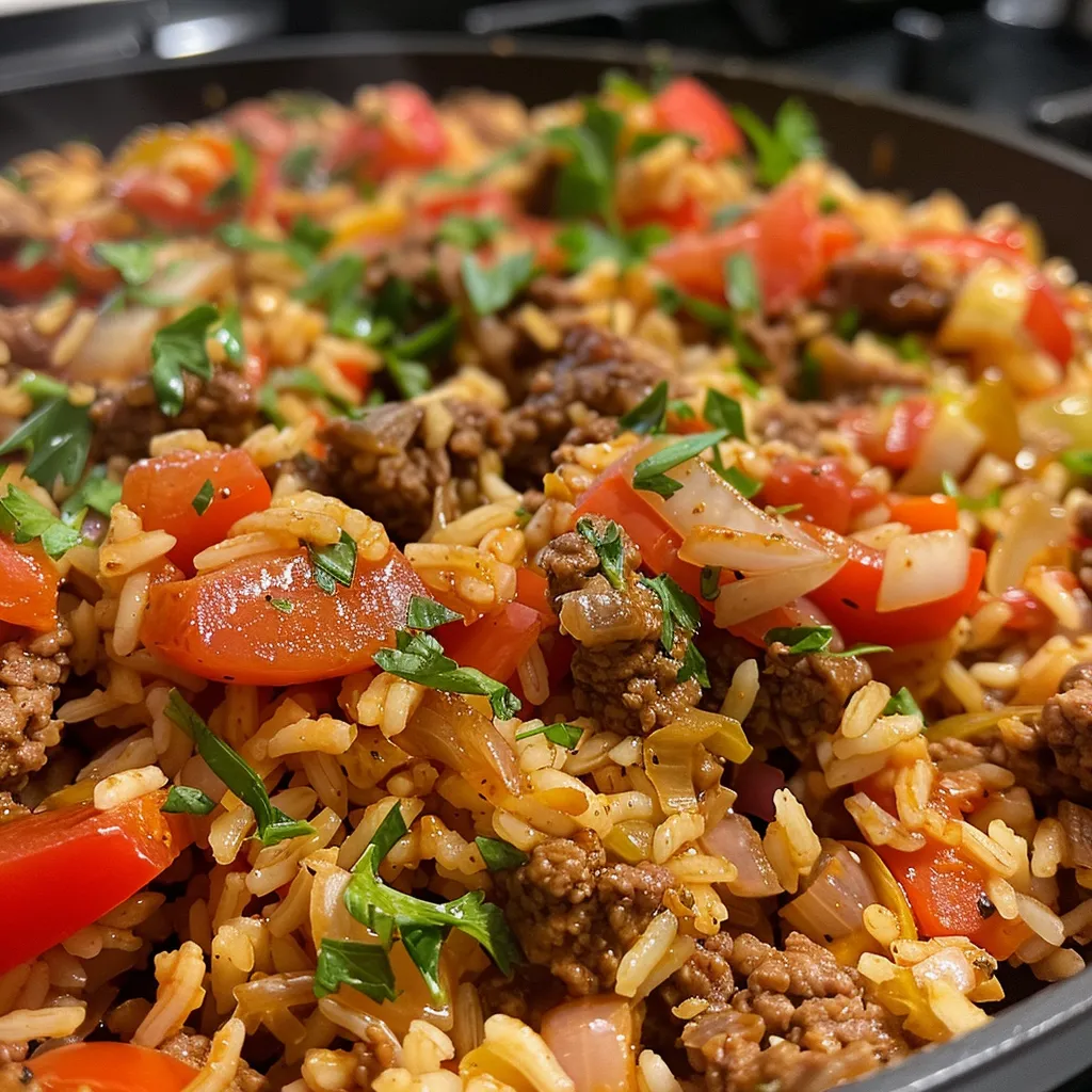 Juicy beef and rice skillet dish featuring vibrant vegetables and a sprinkle of parsley.