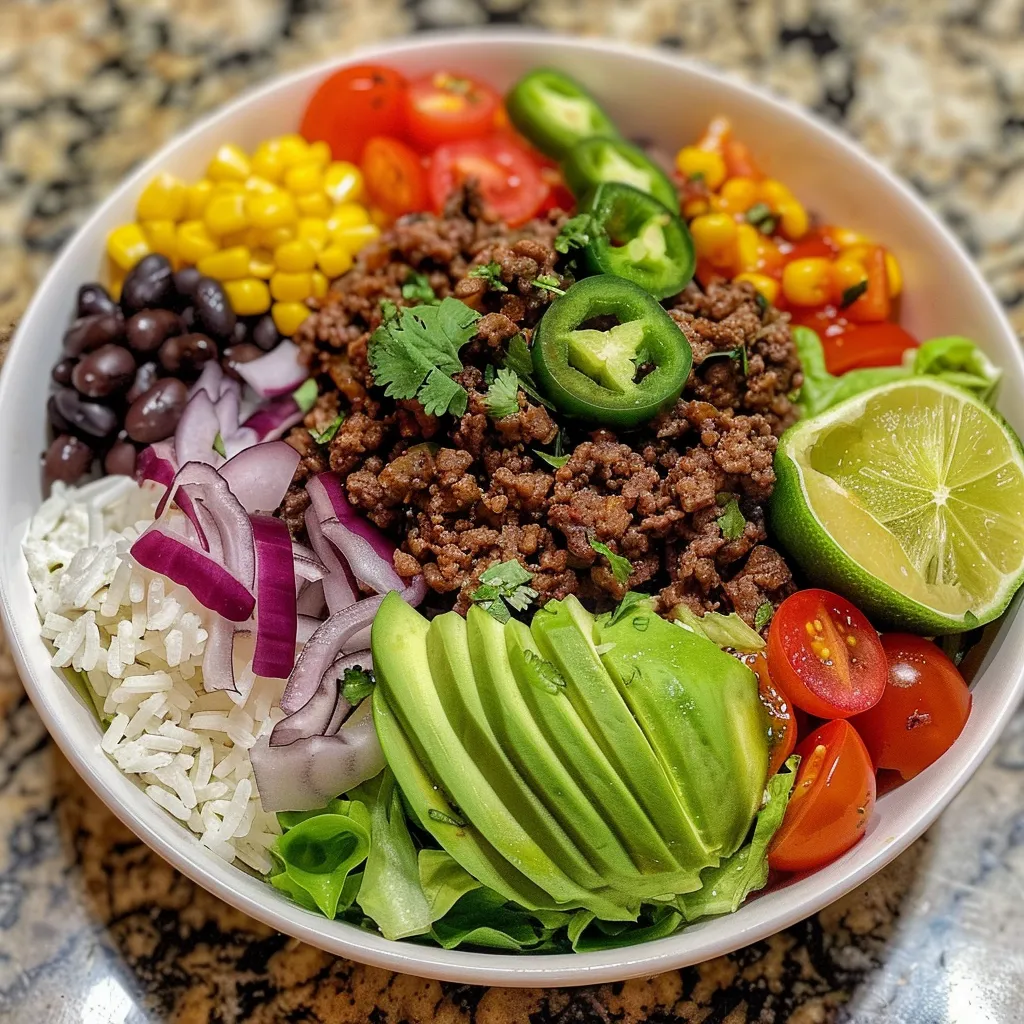 Close-up of a Ground Beef Burrito Bowl with colorful ingredients arranged in a bowl.