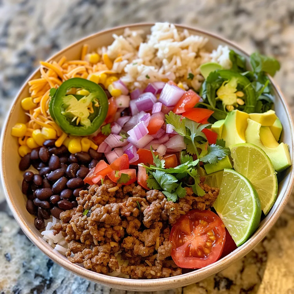 Side view of a delicious Ground Beef Burrito Bowl, showcasing rice, beef, and fresh toppings.