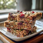 Close-up view of healthy breakfast bars with nuts and dried fruits.