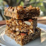 Close-up view of healthy coconut granola bars with nuts and chocolate chips.