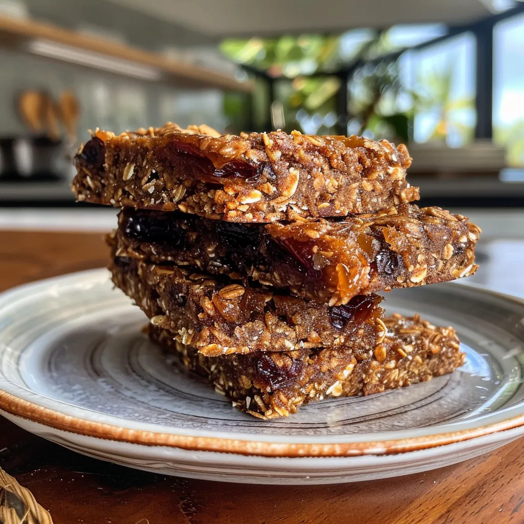 Side view of Healthy Date Oat Squares, highlighting the rich, chewy dates and nutty appearance.