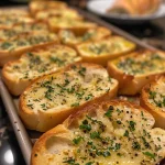 Close-up view of a loaf of herbed garlic bread with a crispy crust and glistening butter.