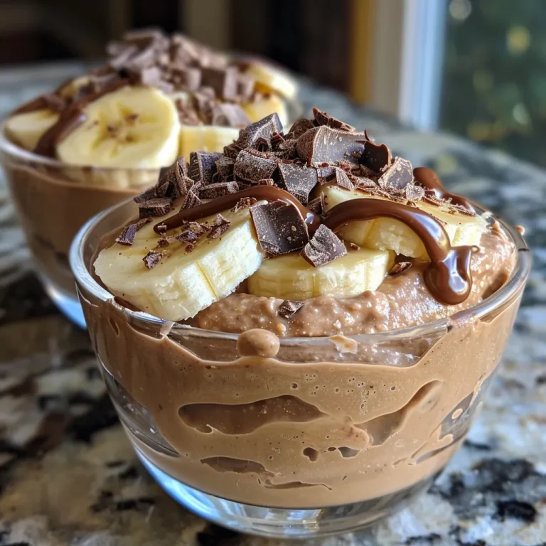 Indulge Guilt-Free High Protein Chocolate Banana Pudding Cups with a Peanut Butter Twist! Close-up view of chocolate banana pudding cups topped with peanut butter drizzle and banana slices.
