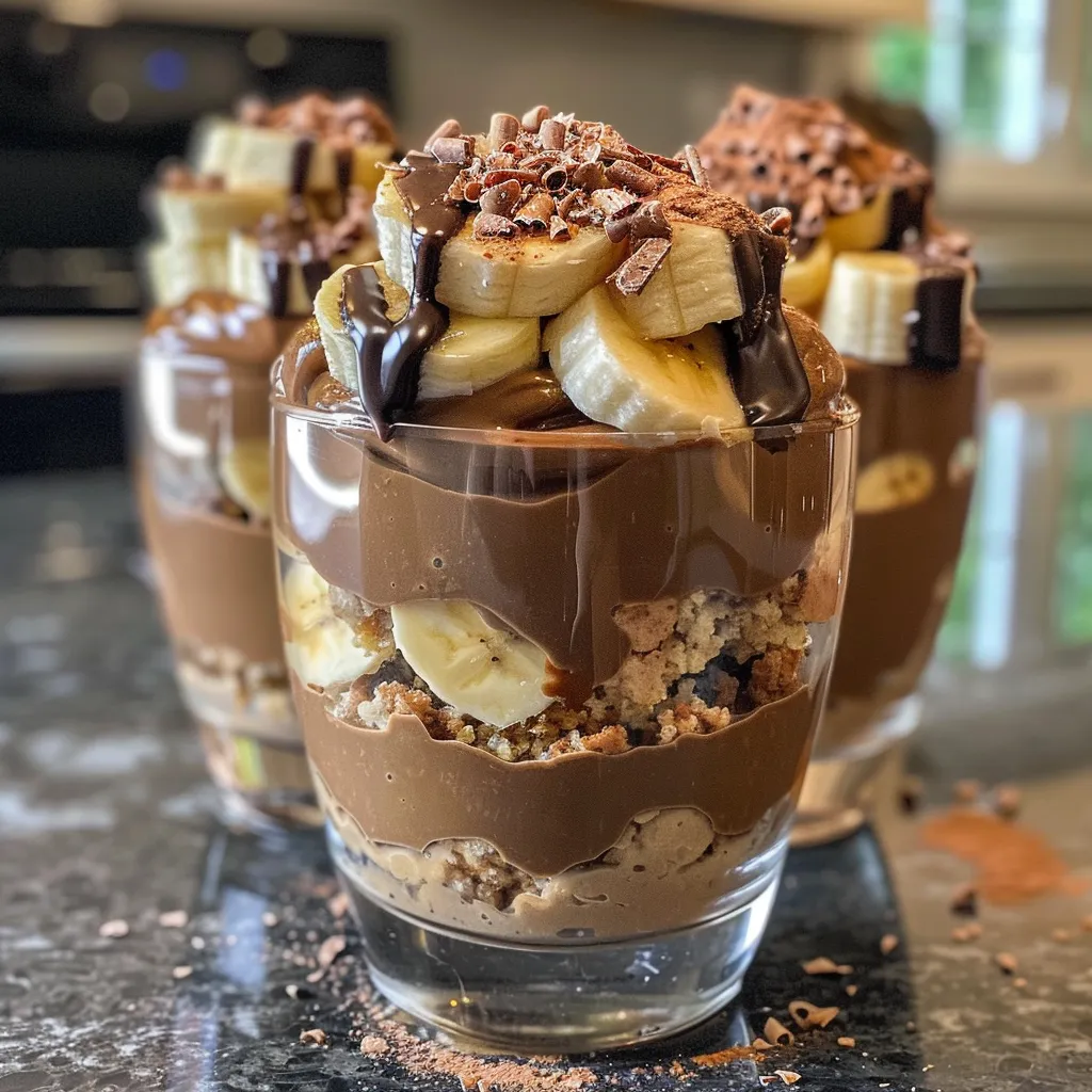 Side view of high-protein chocolate banana pudding cups with dark chocolate shavings and a creamy texture.