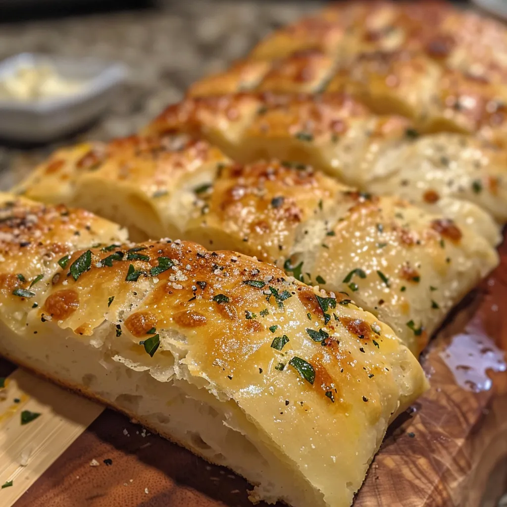 Close-up of golden-brown homemade garlic breadsticks, brushed with melted butter.