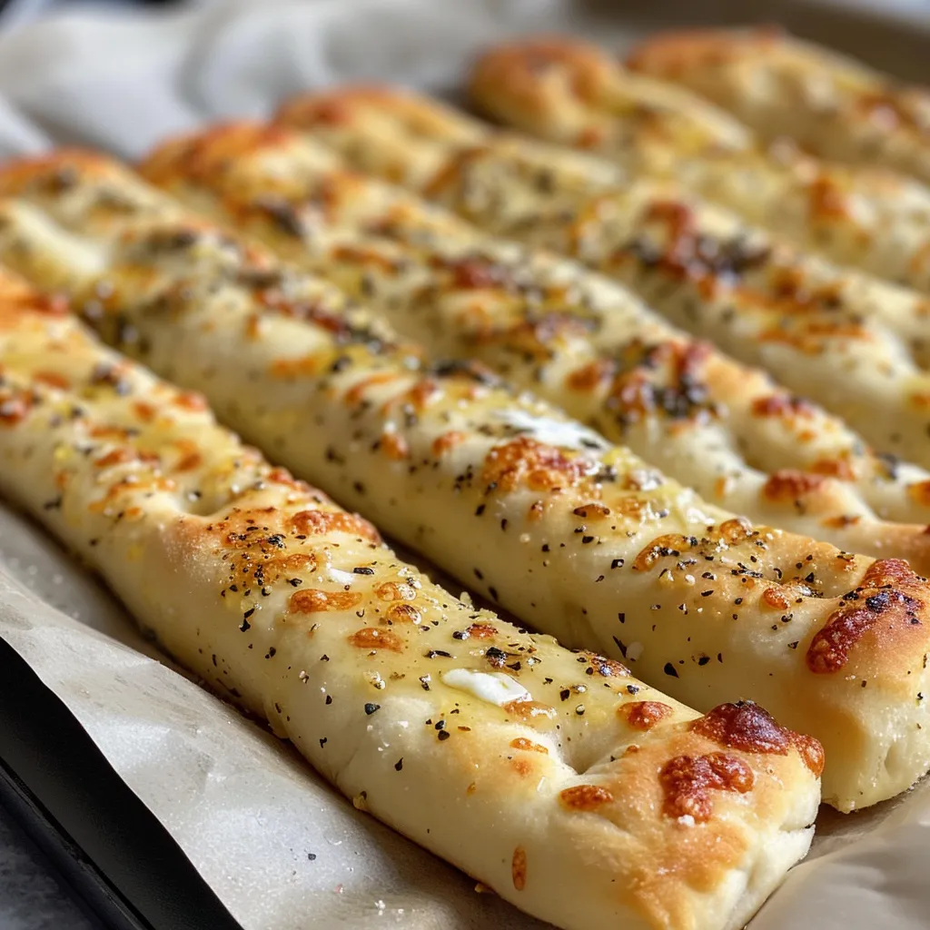 Side view of freshly baked garlic breadsticks with garlic powder topping and herbs.