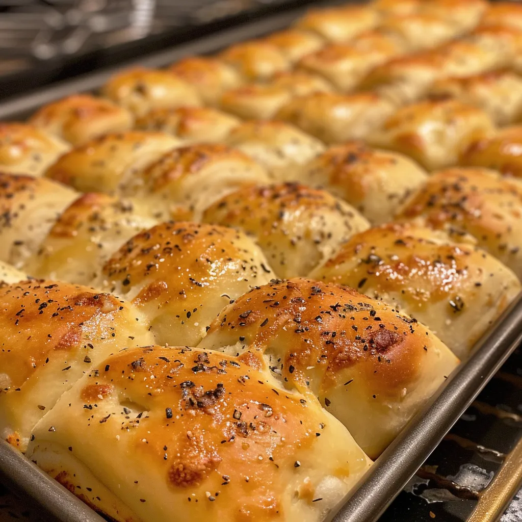 Close-up of golden brown homemade garlic butter breadsticks with a glossy sheen.