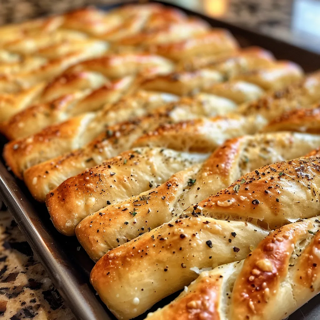 Side view of freshly baked garlic butter breadsticks, showcasing their soft and chewy texture.