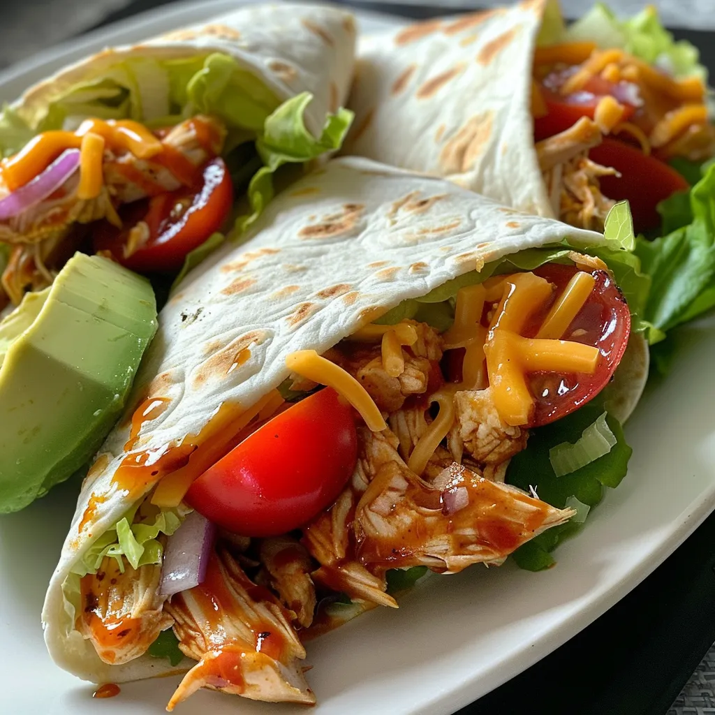 Close-up of honey BBQ chicken wraps filled with lettuce, tomatoes, and cheese.