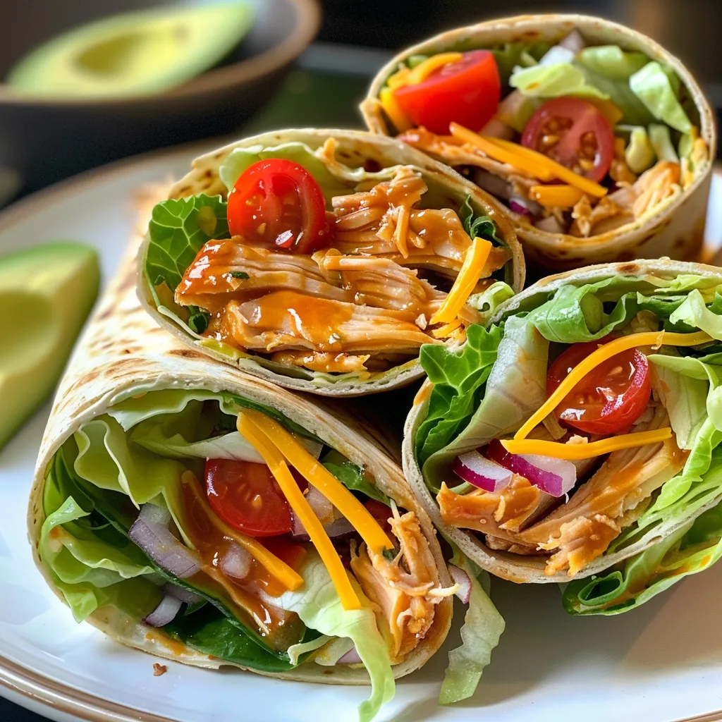 Side view of juicy honey BBQ chicken wraps with vibrant vegetables and tortilla.