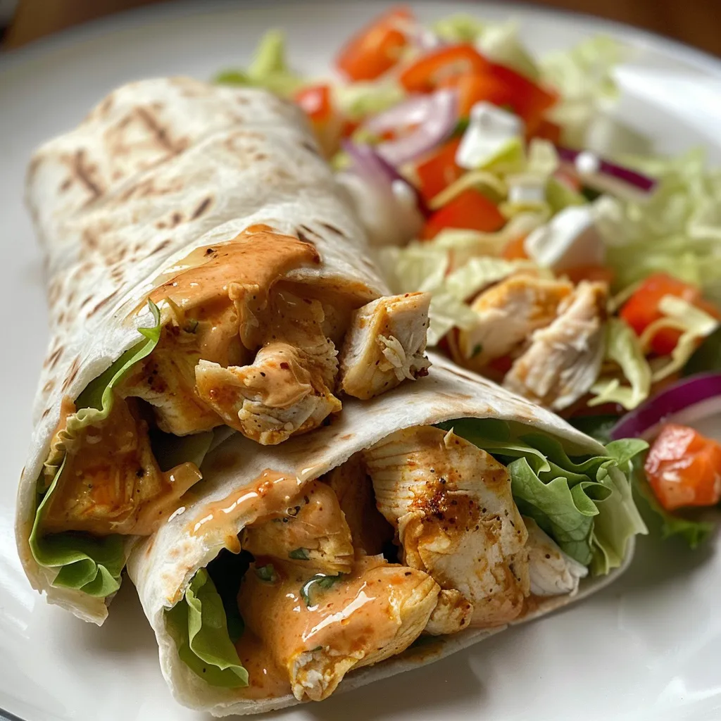 Side view of a Honey Chipotle Chicken Wrap showcasing its layers of chicken, cheese, and fresh ingredients.