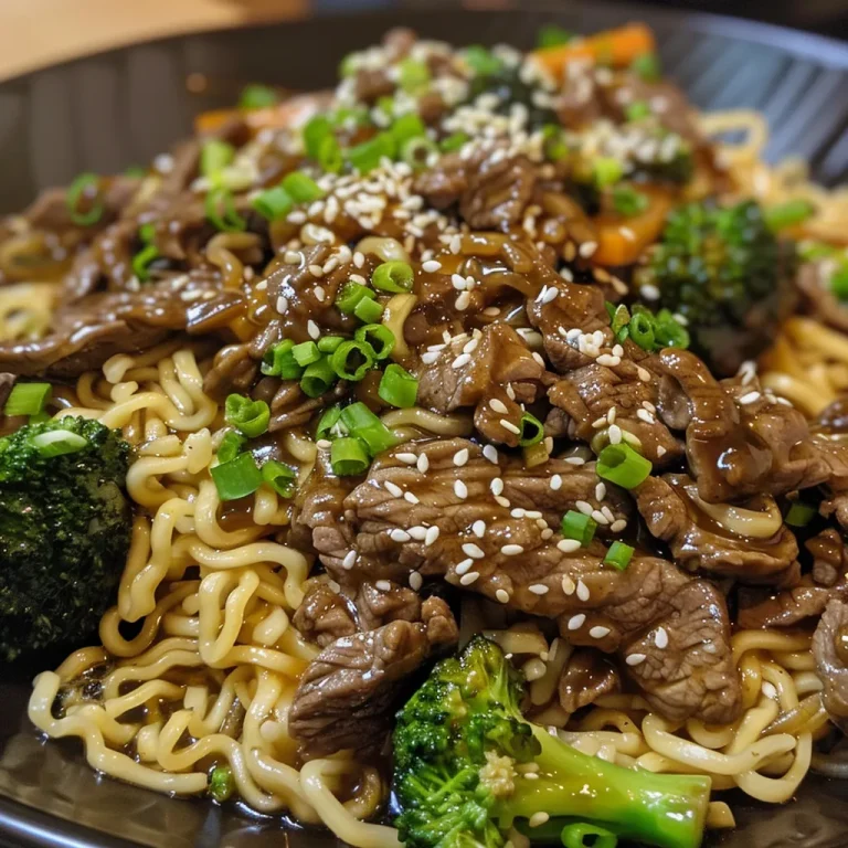 Close-up view of honey garlic beef noodles with sliced beef and broccoli.