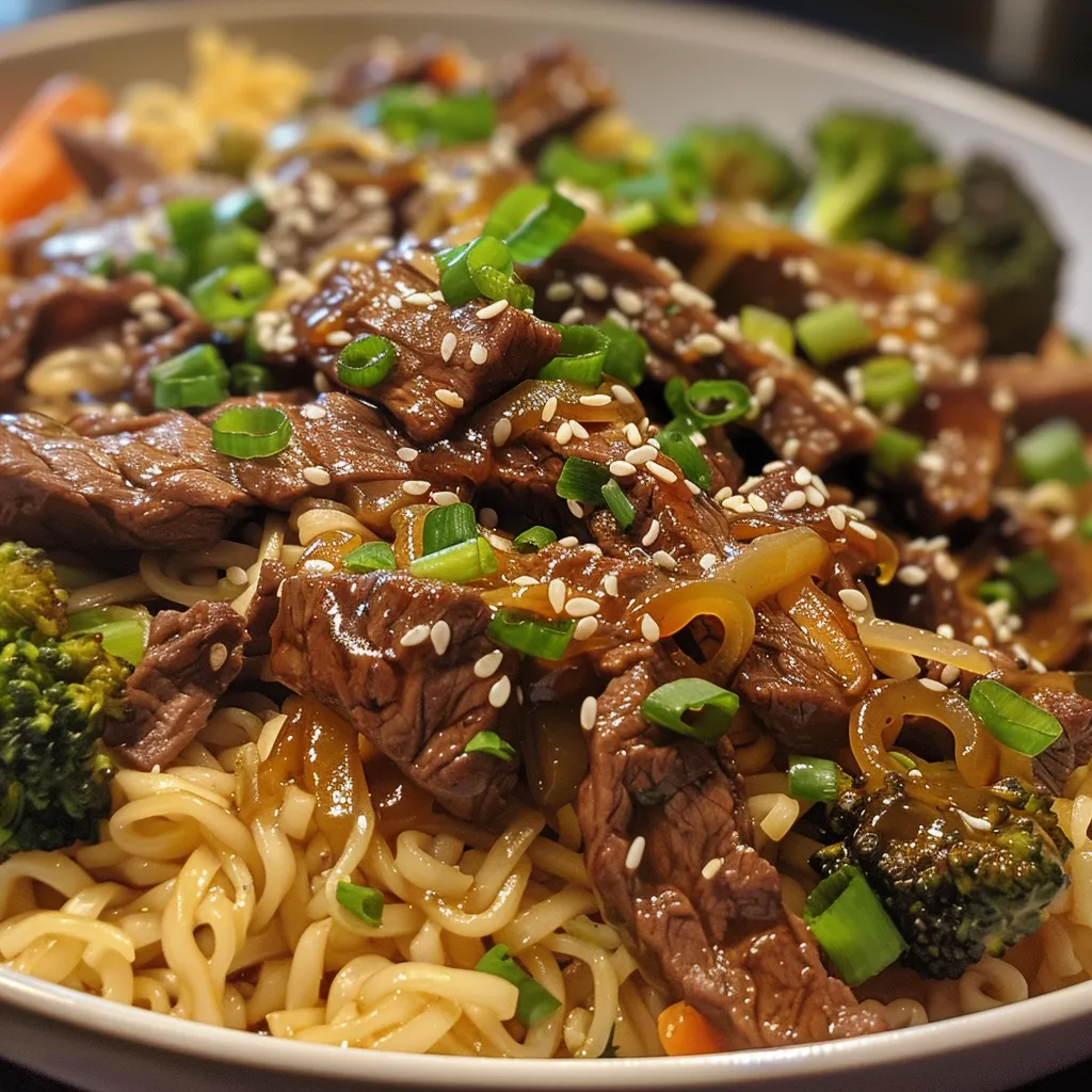 Detailed shot of savory beef noodles garnished with green onions and vegetables.