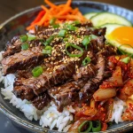 Close up view of a Korean BBQ beef rice stack with colorful vegetables.