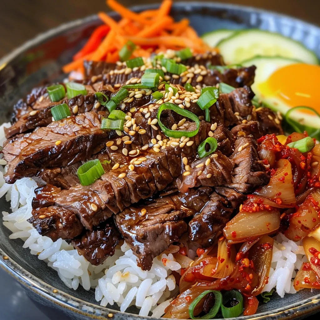 Close up view of a Korean BBQ beef rice stack with colorful vegetables.