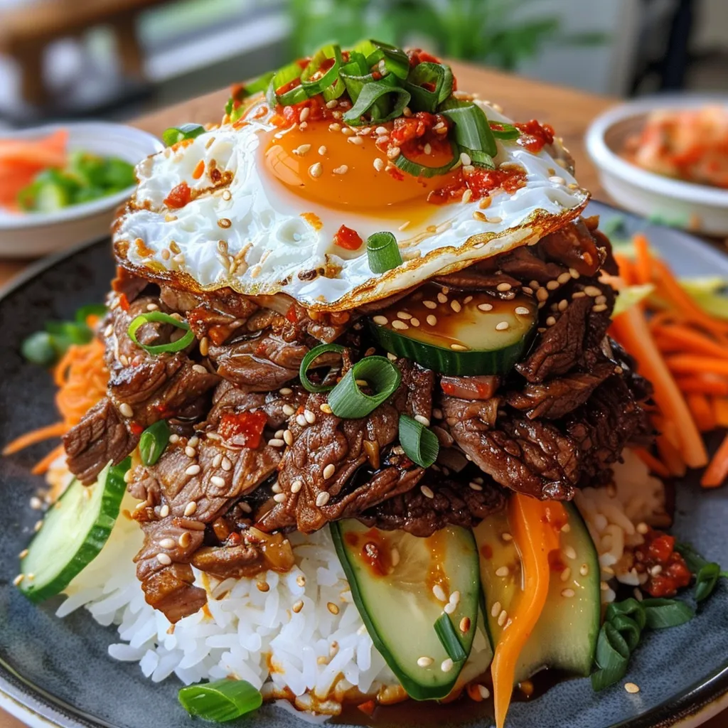 A layered stack of rice topped with juicy beef and fresh vegetables.