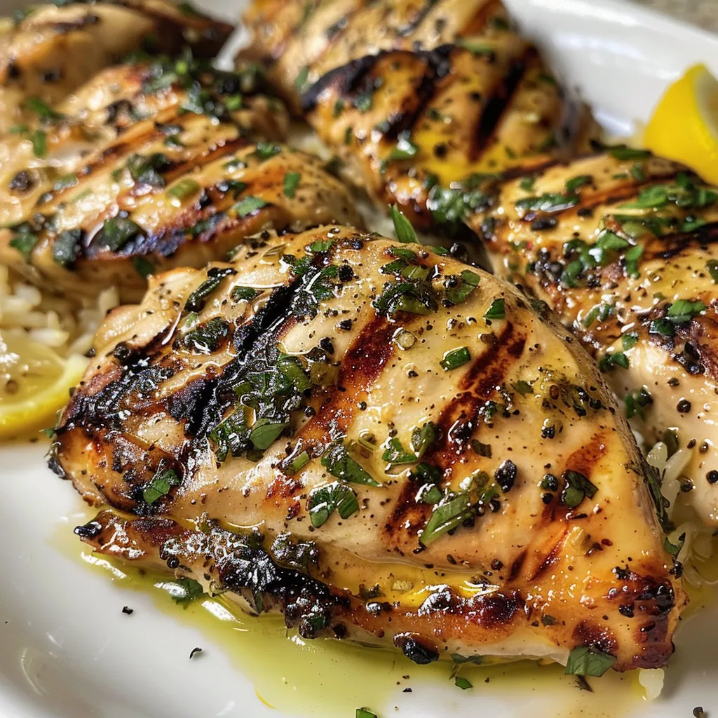 Close-up view of a grilled chicken breast garnished with herbs next to a serving of garlic butter rice.