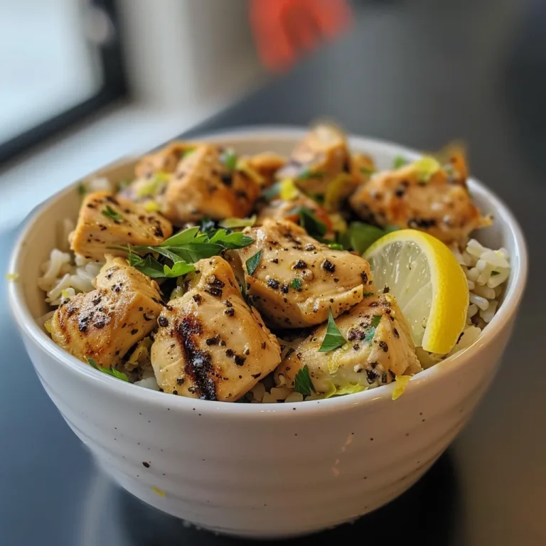 Brighten Your Dinner with a Zesty Lemon Pepper Chicken Bowl! Close-up view of a Lemon Pepper Chicken Bowl with creamy lemon sauce.
