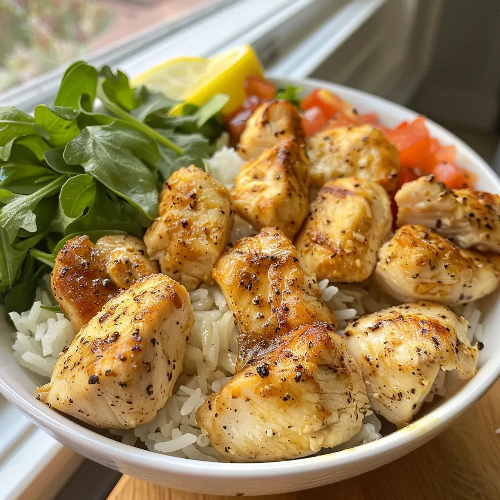 Side view of a colorful Lemon Pepper Chicken Bowl garnished with lemon.