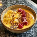 Close-up of a refreshing mango-almond smoothie bowl topped with raspberries and almonds.