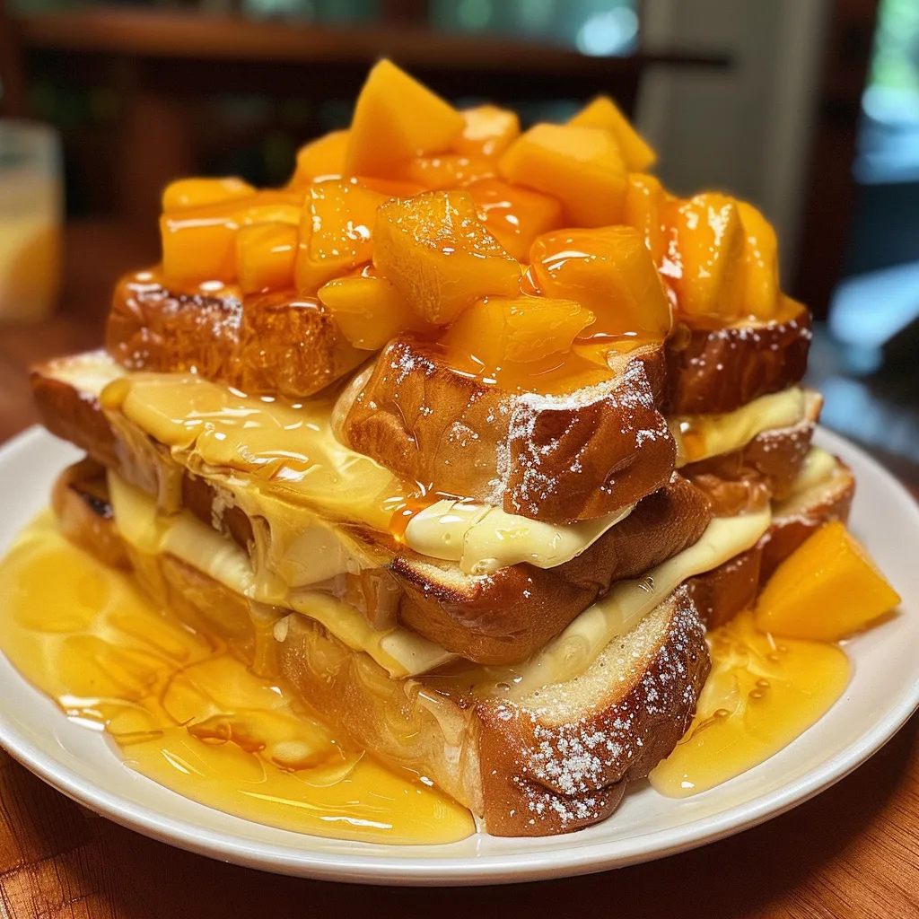 Close-up of Mango Cheesecake Protein French Toast topped with mango slices.