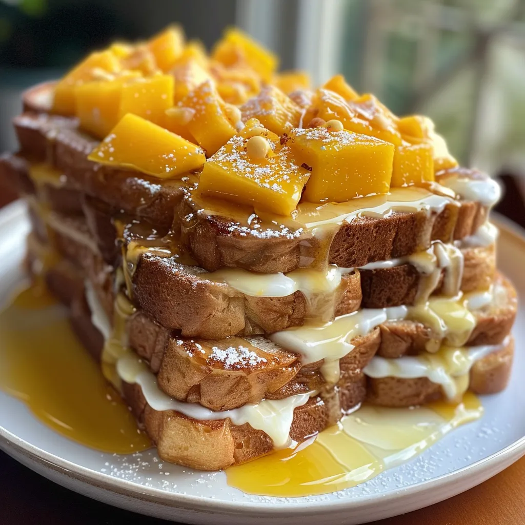 Side view of a slice of protein french toast with mango and cheesecake layers.