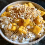 Close-up view of Mango Coconut Overnight Oats in a clear jar with fresh mango cubes on top.