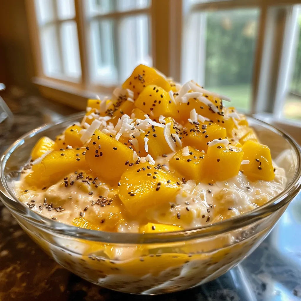 Side view of a vibrant bowl of Mango Coconut Overnight Oats, showcasing layers of oats and coconut.