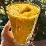 Close-up of a vibrant mango smoothie in a clear glass, garnished with chia seeds.