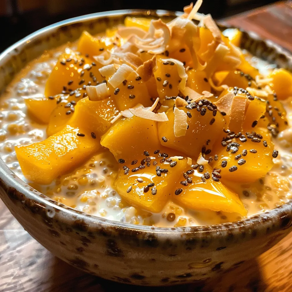 Close-up view of a bowl of mango overnight oats with tropical garnishes.