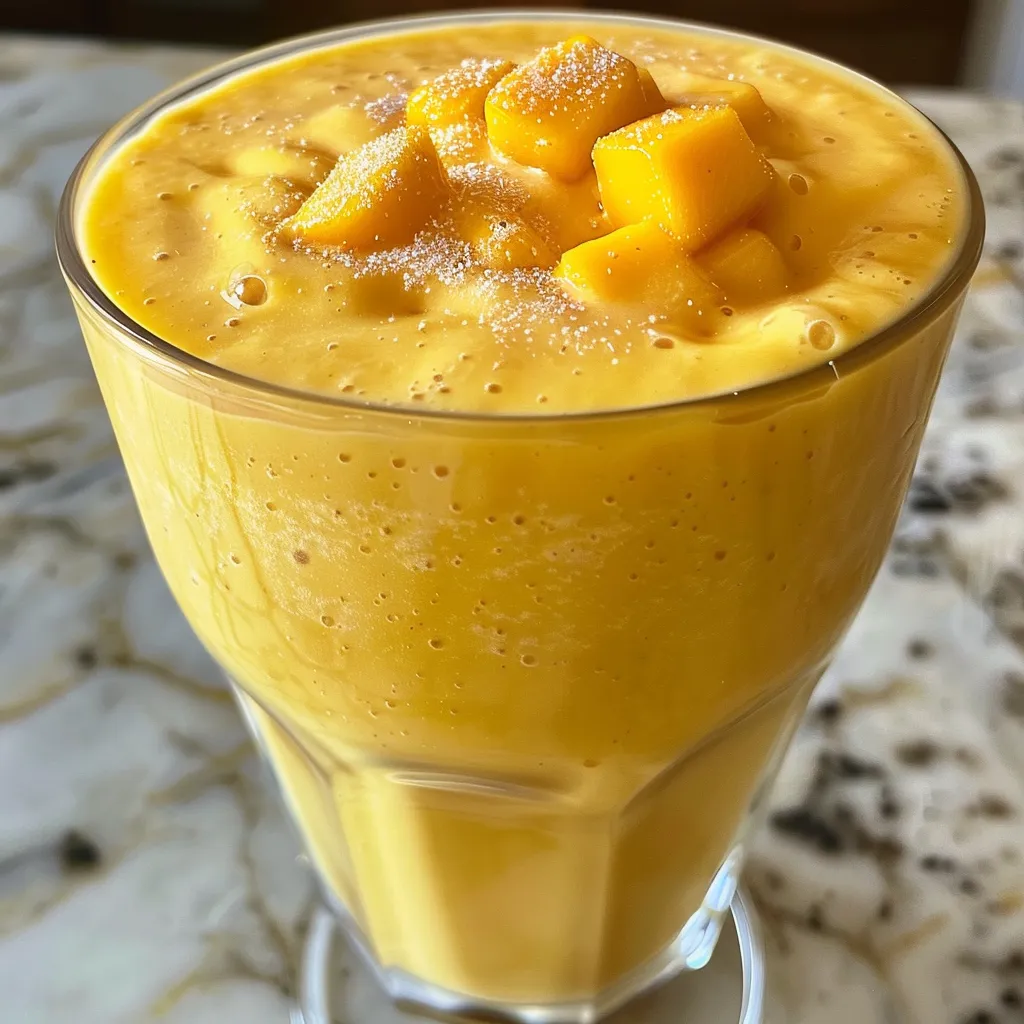 Close-up view of a creamy mango smoothie in a glass, with a vibrant orange hue and garnished with a slice of mango.