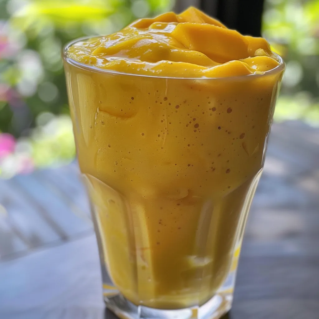 Side view of a refreshing mango smoothie presented in a clear glass, showcasing its creamy texture and inviting color.