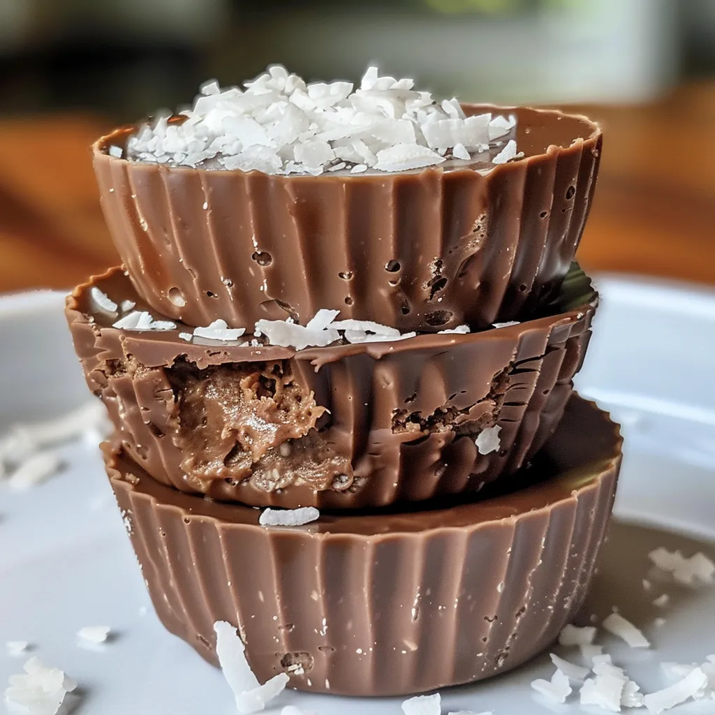 A close-up side view of No-Bake Chocolate Coconut Protein Cups topped with shredded coconut.