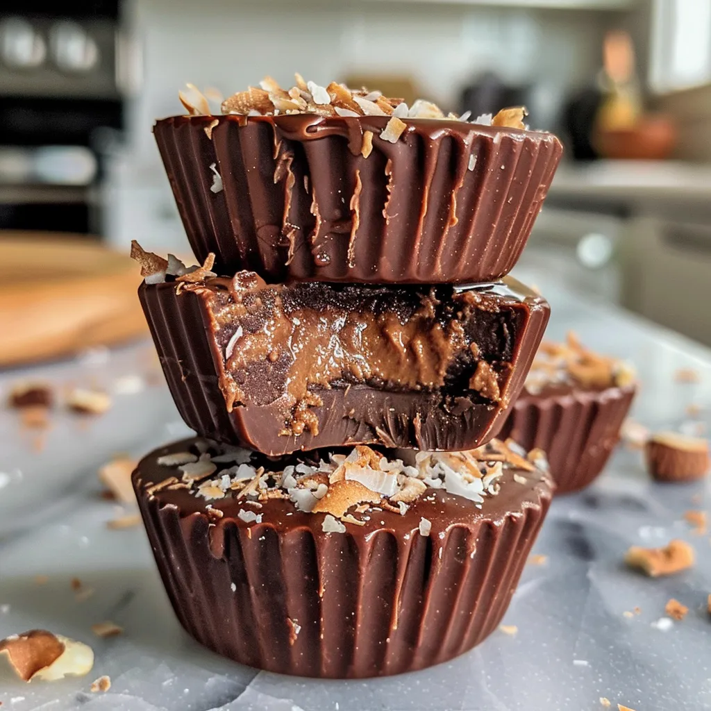 Delicious No-Bake Chocolate Coconut Protein Cups displayed on a white plate, showcasing their texture.