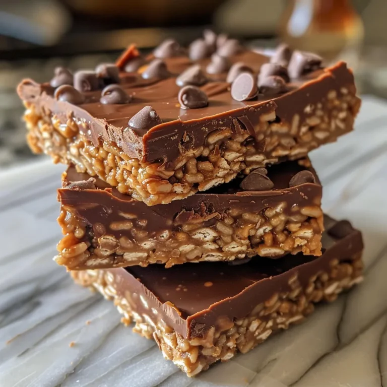 Close-up view of no-bake chocolate peanut butter crunch bars, highlighting the layered texture.
