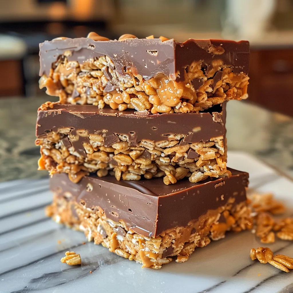 Side view of delicious chocolate peanut butter crunch bars, showcasing the crispy rice layer.