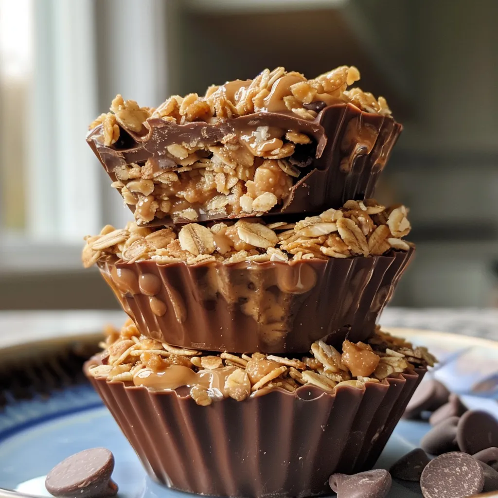 A close-up side view of No Bake Peanut Butter Granola Cups with visible chocolate chips.