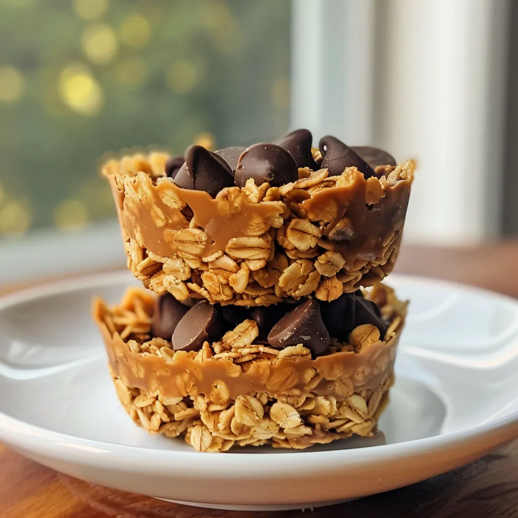 Delicious No Bake Peanut Butter Granola Cups displayed in a rustic setting, showcasing granola texture.