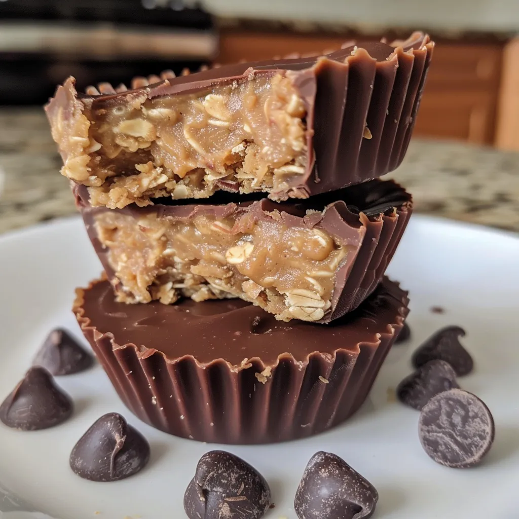 Side view of No Bake Peanut Butter Oat Cups with a drizzle of chocolate on top.