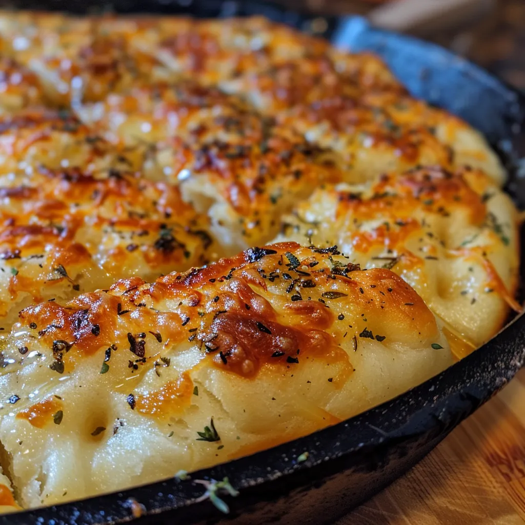 Close-up side view of golden-brown no-knead skillet bread with melted cheese and herbs.