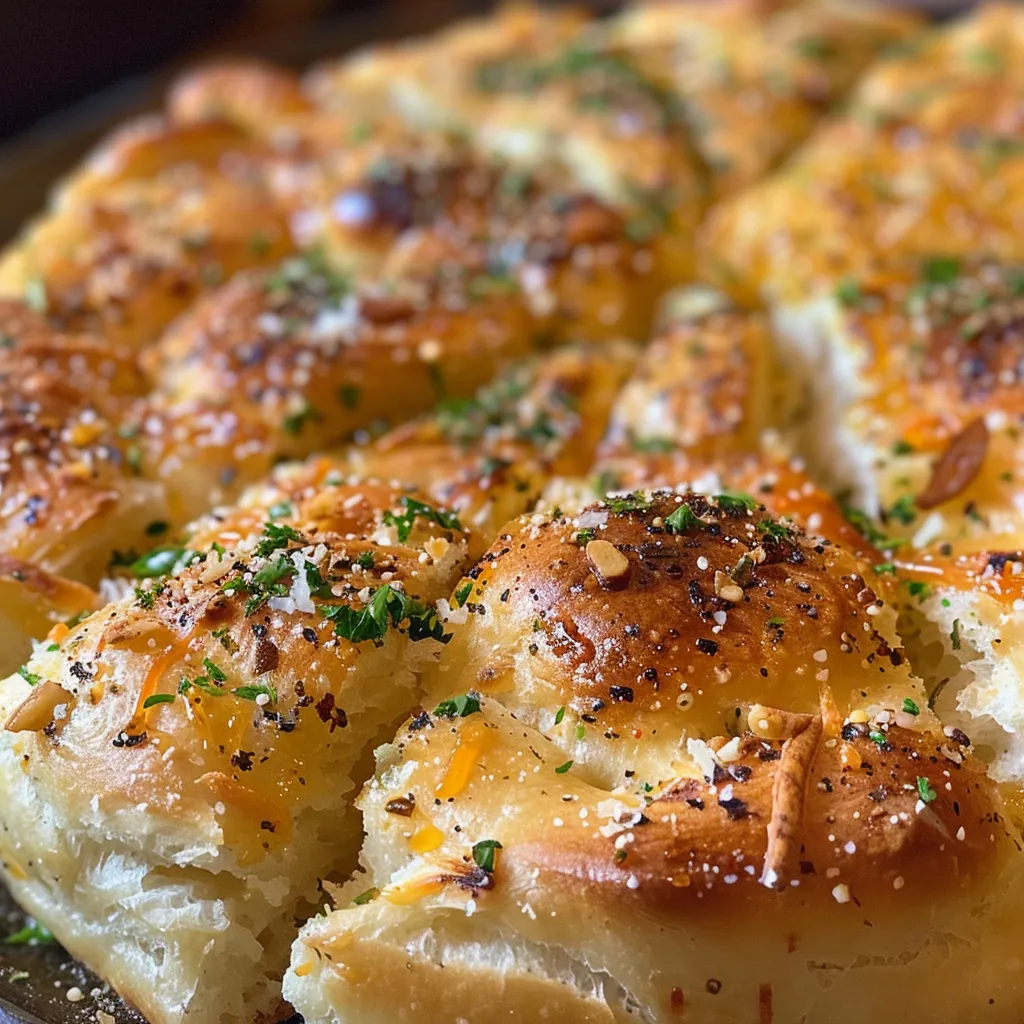 Juicy, crusty no-knead bread with visible melted cheese and green herbs on a rustic surface.
