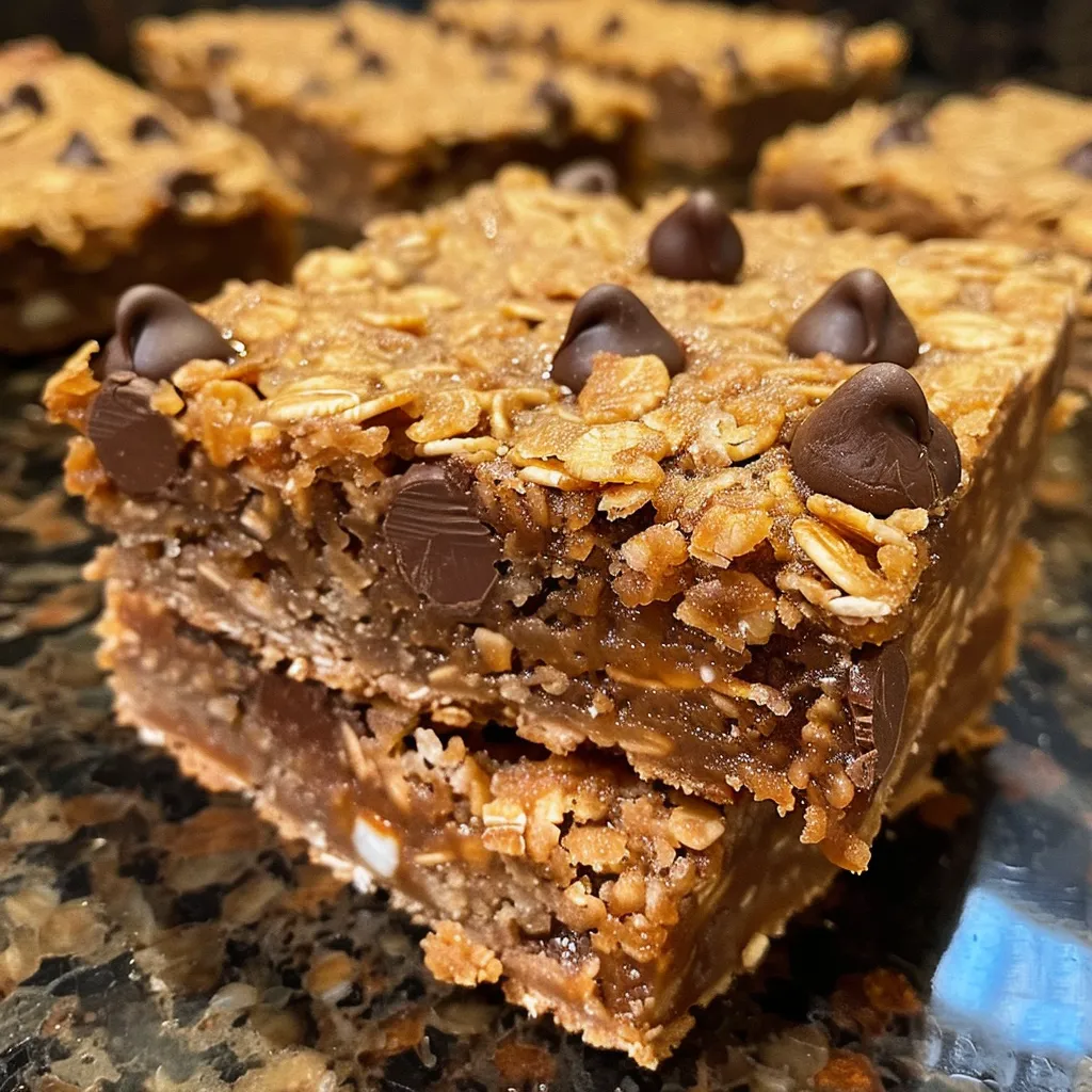 Side view of deliciously baked oatmeal coconut chocolate chip bars with melted chocolate chips.