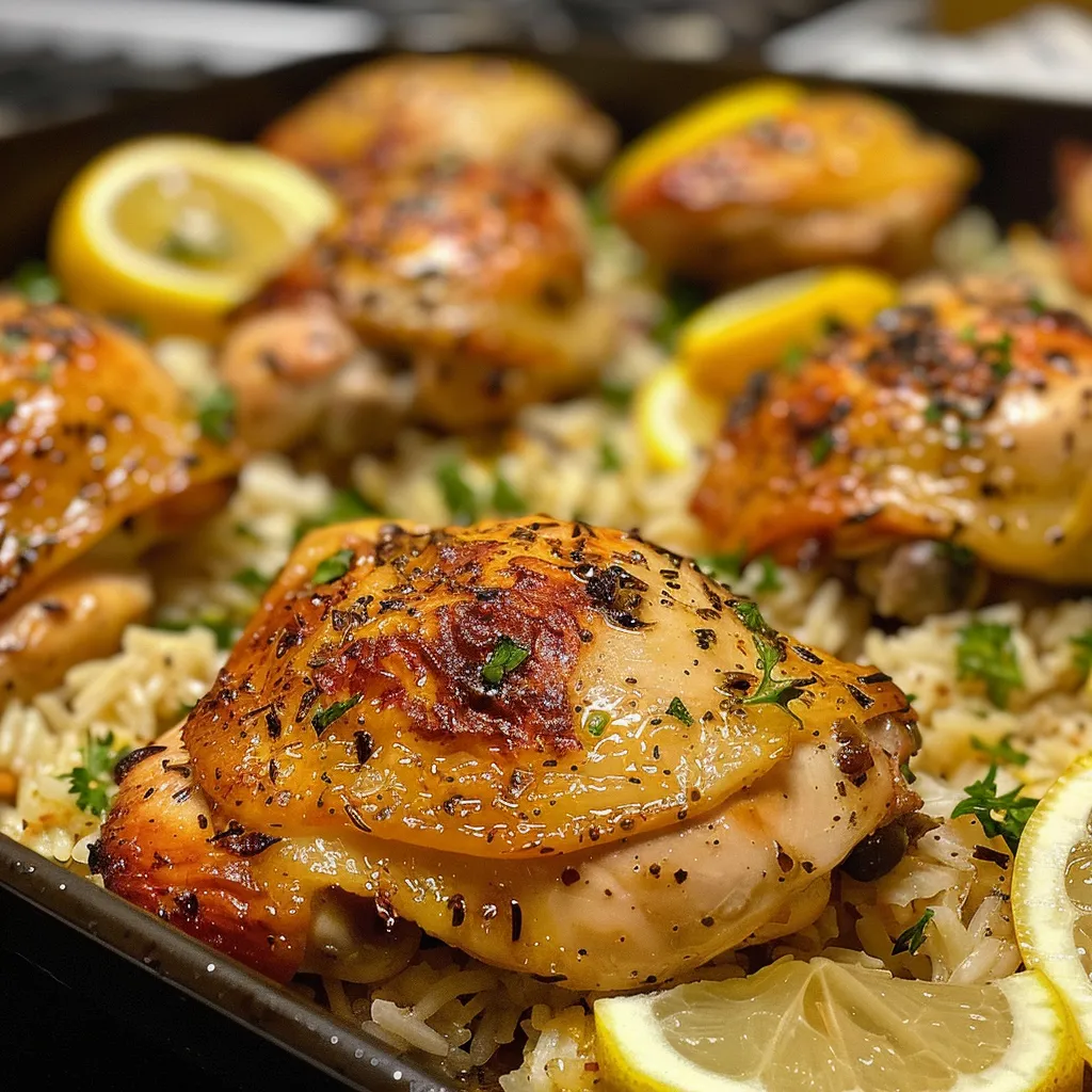 Close-up of tender chicken and rice dish with lemon zest and parsley garnish.