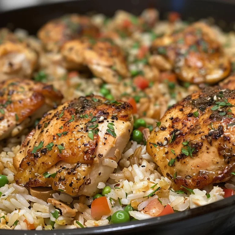 Savor the Simplicity One Pan Mediterranean Chicken and Rice to Brighten Your Dinner Table A close-up side view of a plated One Pan Mediterranean Chicken And Rice, showcasing golden rice and juicy chicken pieces.