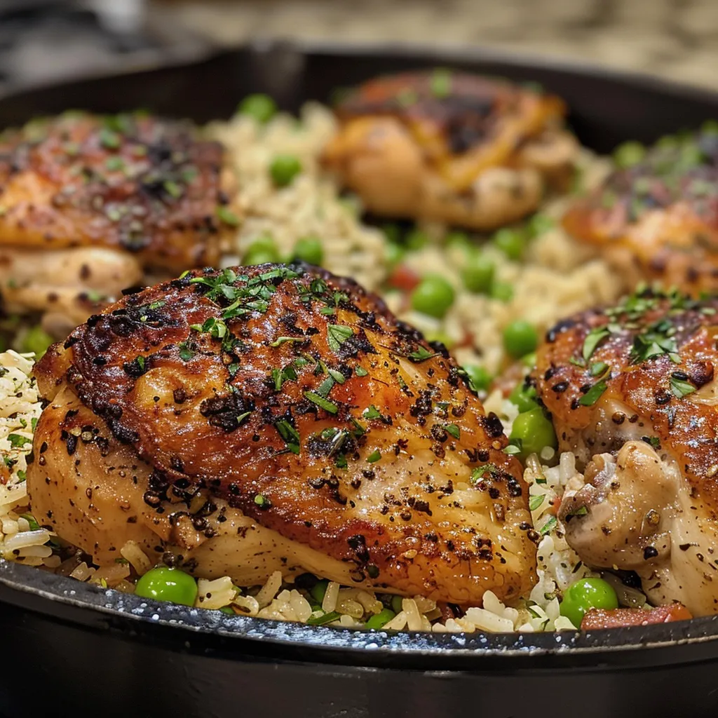Detailed image of One Pan Mediterranean Chicken And Rice with vibrant peas and spices, captured from a side angle.