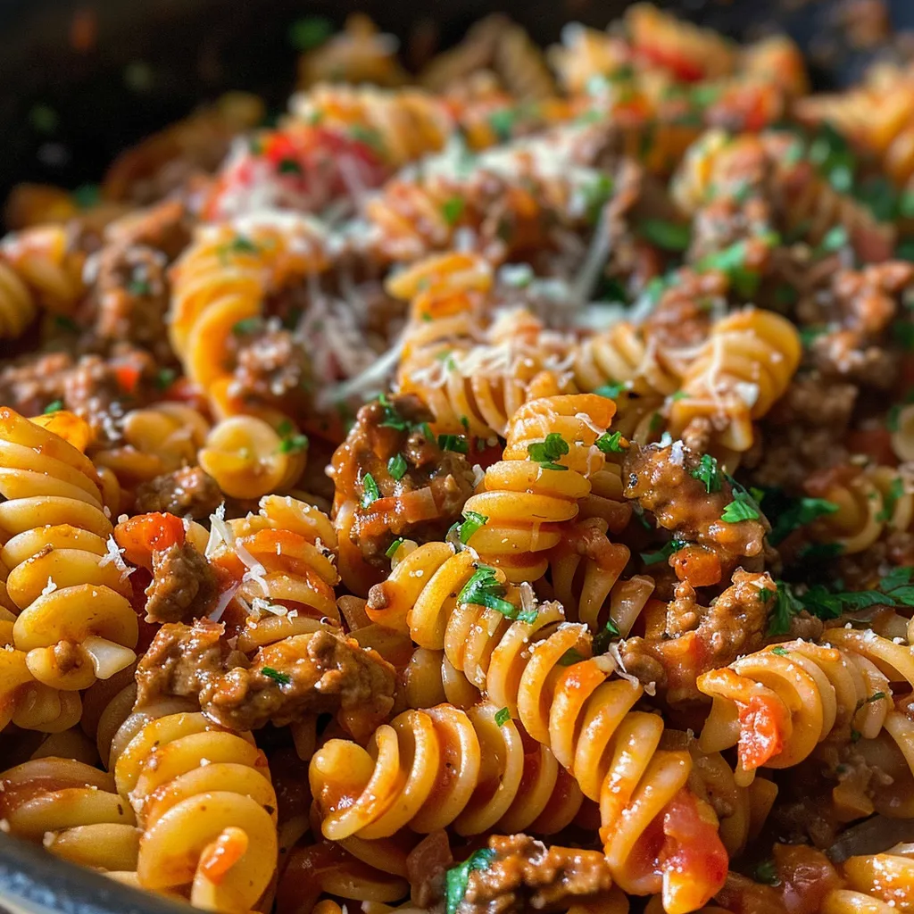 Close-up of a creamy tomato beef pasta dish in a bowl.